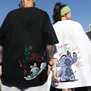 ใหม่ เสื้อยืดคอกลม แขนสั้น พิมพ์ลายการ์ตูนอนิเมะ Lilo&amp;Stitch ทรงหลวม สีดํา สีขาว แฟชั่นฤดูร้อน สําหรับผู้ชาย และผู้หญิง ไซซ์ M-5XL