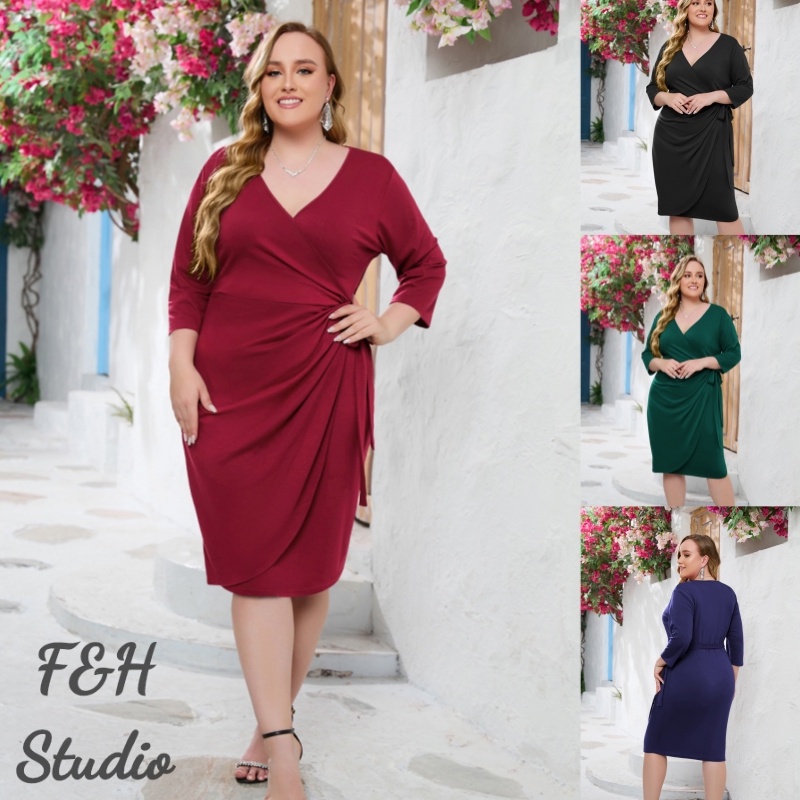 F&H 3678-4 สี XL-5XL ผู้หญิงหรูหรา Plus ขนาดแขนยาว V คอเอว Tie Midi Dress