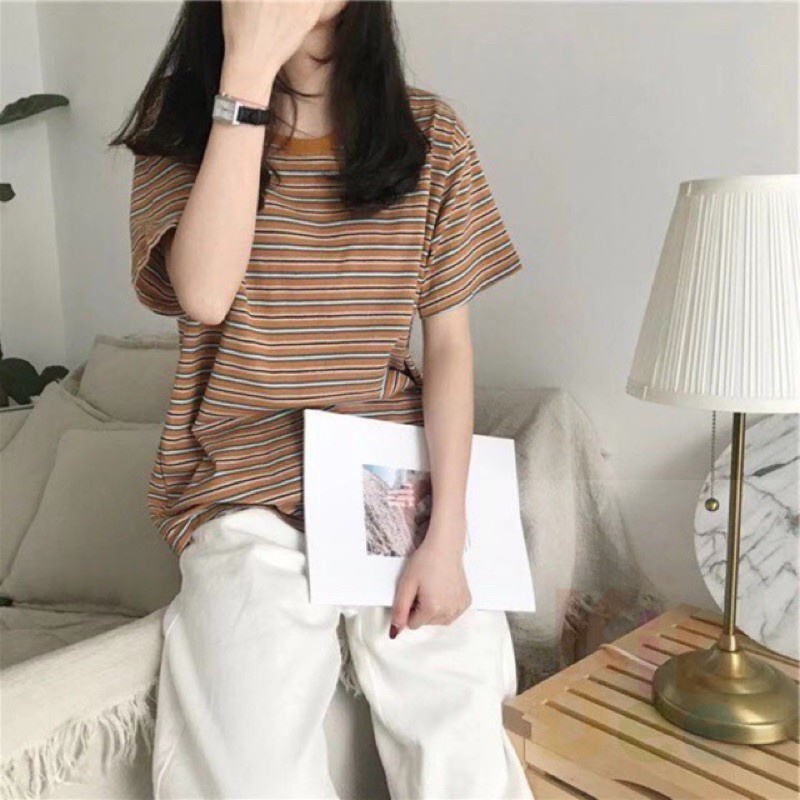 Kiddee เสื้อยืดคอกลม ลายทาง สไตล์ วินเทจ M-2XL มี 3 สี #9304