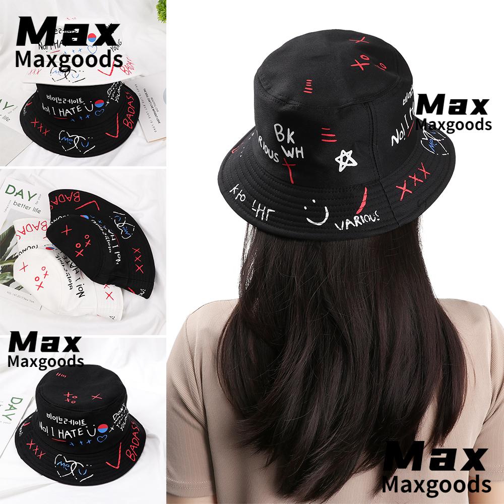 Max หมวกบักเก็ต ผ้าฝ้าย ลายกราฟฟิติ สีขาว ดํา สไตล์ฮิปฮอป แฟชั่นฤดูร้อน สําหรับทุกเพศ ทุกวัย