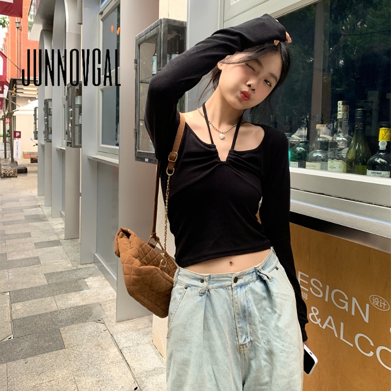Junnovgal ใหม่ เสื้อเชิ้ตแฟชั่น เซ็กซี่ คอยางยืด ทรงสลิมฟิต สําหรับสตรี 2023