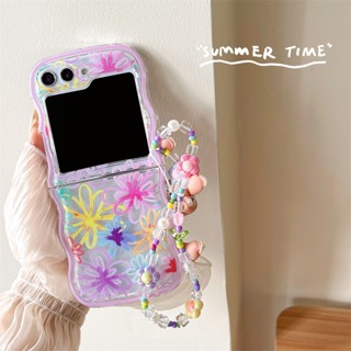 เคสโทรศัพท์มือถือแบบนิ่ม กันกระแทก ลายดอกไม้สีน้ํา พร้อมสายโซ่คล้อง สําหรับ Samsung Galaxy Z Flip5 Z Flip 3 Flip 4 5G