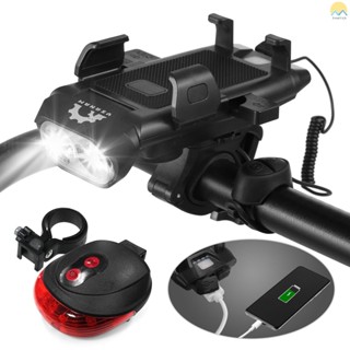 ชุดไฟหน้า และไฟท้ายจักรยาน LED 4 in 1 ชาร์จ USB กันน้ํา พร้อมที่วางโทรศัพท์มือถือ สําหรับจักรยานเสือภูเขา