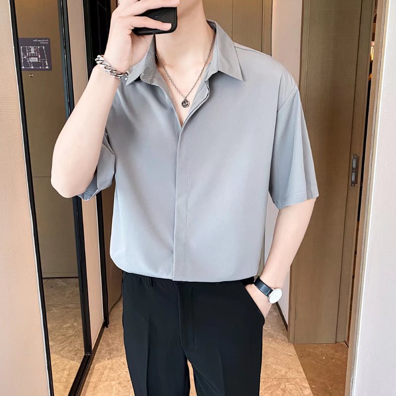 เสื้อเชิ้ตแขนสั้น ผ้าเรยอน ทรงหลวม แบบแห้งเร็ว สไตล์เกาหลี สําหรับผู้ชาย 2023