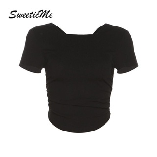 Sweeticme เสื้อยืดแขนสั้น คอสี่เหลี่ยม เปิดหลัง เซ็กซี่ สีพื้น แฟชั่นสําหรับสตรี 2023