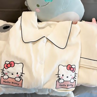 Sanrio ชุดนอน ลายการ์ตูน Hello Kitty Linabell Kawaii ทรงหลวม สไตล์เกาหลี แฟชั่นฤดูใบไม้ผลิ และฤดูใบไม้ร่วง สําหรับผู้หญิง [GM]