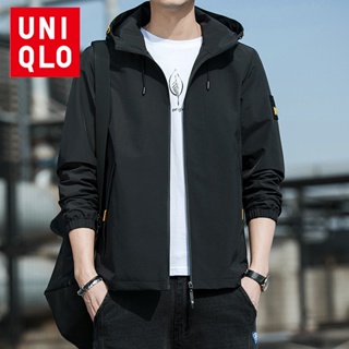 Uniqlo เสื้อแจ็กเก็ตกันลม มีฮู้ด กันน้ํา เหมาะกับเล่นกีฬากลางแจ้ง แฟชั่นสําหรับผู้ชาย