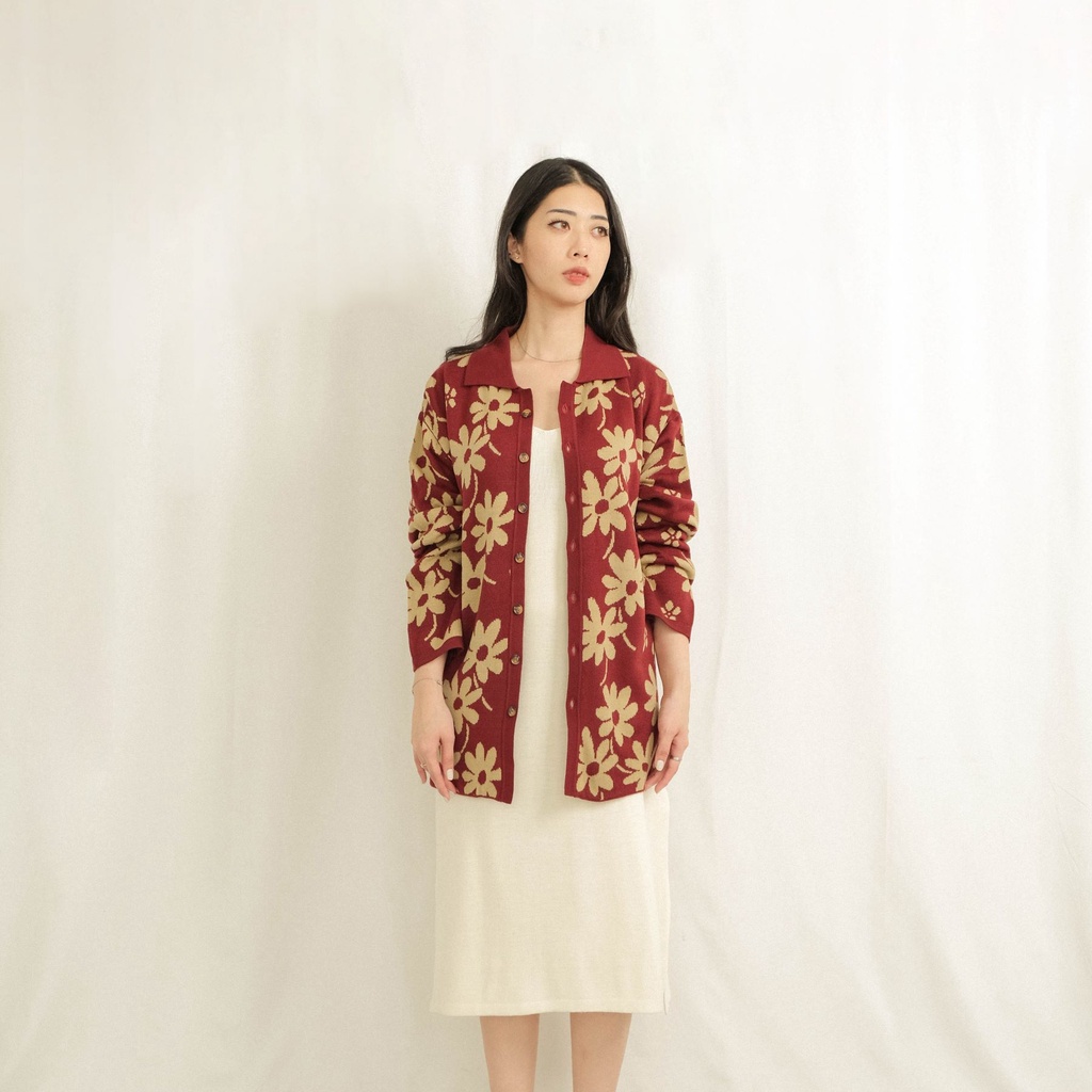 Noir Sur Blanc Flora Lounge เสื้อแขนยาว Maroon / Sand