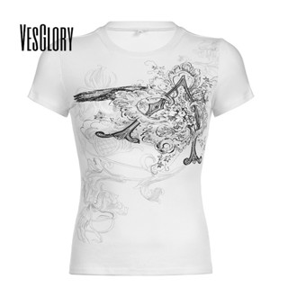 Vesglory เสื้อครอปท็อป คอกลม แขนสั้น พิมพ์ลาย สีตัดกัน เซ็กซี่ สําหรับผู้หญิง 2023