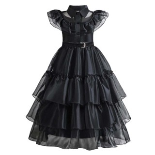  Adams Family Cosplay Dress Black Yarn Dress Wednesday Addams Childrens Clothing 1 piece dress+1 belt+1 wig