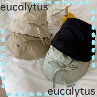 Eucalytus1 หมวกบักเก็ตลําลอง เชือกผูก กันแดด กันลม สีพื้น แฟชั่นฤดูร้อน สไตล์ชาวประมง