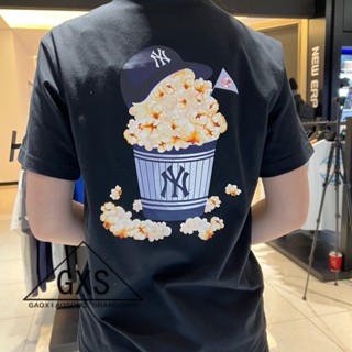 เกาหลี NEWERA mlb แขนสั้นป๊อปคอร์นพิมพ์เสื้อยืดสหศึกษาออกแบบหลวม ny แยงกี้