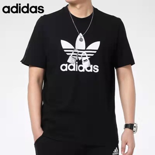 Adidas ของแท้ 100% เสื้อยืดคอกลม แขนห้าส่วน ผ้าถัก พิมพ์ลายโลโก้ สไตล์คลาสสิก สําหรับผู้ชาย