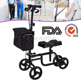 4 Wheel Mobility Knee Walker Scooter Roller Crutch Leg Steerable พับได้ สีดำ