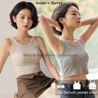 [Queens Secret] เสื้อครอปท็อป คอกลม แต่งแผ่นรองเต้านม แฟชั่นฤดูร้อน สําหรับผู้หญิง