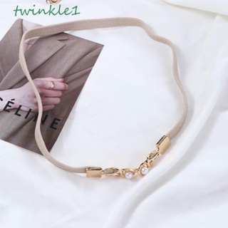 Twinkle1 สายรัดเอว แบบบาง ปรับได้ วินเทจ มุกคู่ สีพื้น หัวเข็มขัดโลหะ ปม หญิง สายรัดเอว