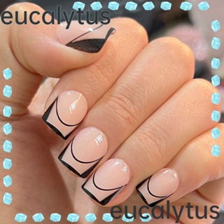 Eucalytus1 เล็บปลอม แบบกด ขอบสีดํา สไตล์ฝรั่งเศส สําหรับตกแต่งเล็บ DIY 24 ชิ้น