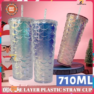 พร้อมส่ง Starbucks Cup Straw Fish Scale Style Double Layer Plastic Straw Cup 710ml /24 Oz Christistmas Cup