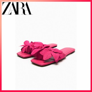 Zara ใหม่ รองเท้าแตะ ส้นแบน ลายดอกไม้ ดอกกุหลาบ สีแดง สําหรับผู้หญิง