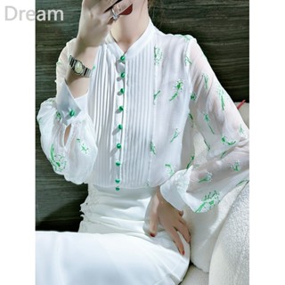 Embroidered silk-like shirt womens summer new elegant socialite organ pleated lantern sleeve white shirt