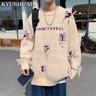 KYUSHUAD เสื้อสเวตเตอร์ยอดนิยมของเยาวชน เสื้อสเวตเตอร์สวมหัวแขนยาวพิมพ์ลายอักษรลำลองคอกลม