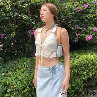 Wittygirls_shop | เสื้อสายเดี่ยว ตัวสั้น แต่งลูกไม้ สไตล์เกาหลี สําหรับผู้หญิง