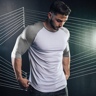 Autumn New Three-Quarter Sleeve Workout Clothes Mens Sports Cotton Stretch Exercise Running round Neck Long Sleeve T-shirt Bottoming Shirt pfyC