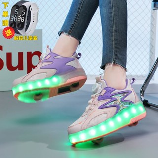 【สินค้าเฉพาะจุด】รองเท้ามีล้อ ไฟ LED คิดค่าใช้จ่าย 2 รองเท้าเดินแบบล้อเลื่อนแบบอินไลน์โรลเลอร์สเก็ต ล้อพับ