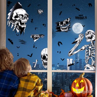 ღ สติ๊กเกอร์ตกแต่งวันฮาโลวีน Horror Skull Black White Glass Stickers Halloween Party Supplies Horror House Party Decor Props บ้านผีสิง