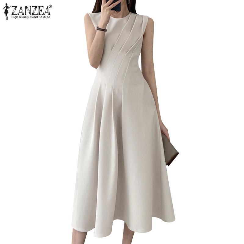 Zanzea ชุดเดรสแขนกุด จับจีบ หรูหรา สไตล์ฝรั่งเศส วินเทจ ออกแบบดี เก็บเอว ปาร์ตี้ แฟชั่นสําหรับผู้หญิง