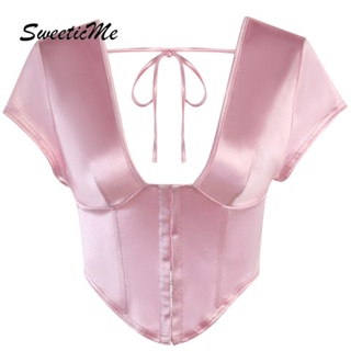 Sweeticme ใหม่ เสื้อยืดลําลอง คอวี เปลือยหลัง เข้ารูป สีพื้น เซ็กซี่ แฟชั่นสําหรับสตรี 2023