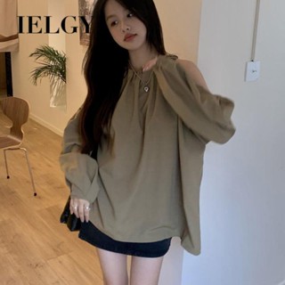 IELGY เสื้อยืดแขนยาว เกาะอก ทรงหลวม ลําลอง สุดชิค เข้ารูป สําหรับผู้หญิง