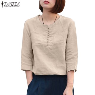 Zanzea เสื้อยืด คอกลม แขน 3/4 ติดกระดุม ผ้าฝ้าย สีพื้น สไตล์เกาหลี สําหรับผู้หญิง