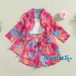 Aqq- เสื้อผ้าเด็กผู้หญิง ชุดมัดย้อม แขนยาว กระดุม ชีฟอง เสื้อยืด และกางเกงขาสั้น ยืดหยุ่น ชุดลําลอง ยกทรง