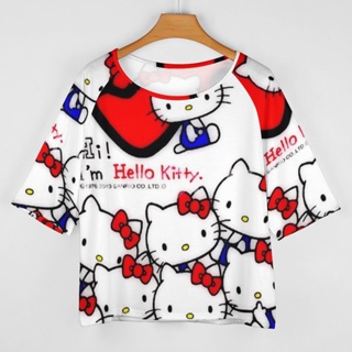 เสื้อยืดแขนสั้น ทรงหลวม ลาย KT Cat hello kitty น่ารัก สําหรับผู้หญิง 2023