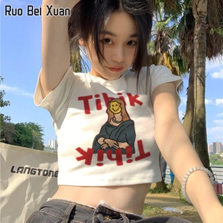 RUO BEI XUAN เสื้อยืดแขนสั้นผ้าฝ้ายพิมพ์ลายฤดูร้อนของผู้หญิง