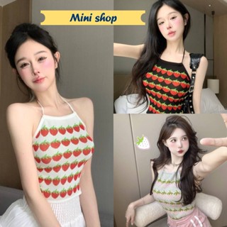 Mini shop🌸พร้อมส่ง🌸 (85151) เสื้อไหมพรมผูกคอ ผูกหลัง ลายสตอเบอรร์รี่ น่ารักมาก  -C