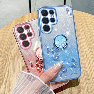 เคสยางนิ่ม ลายดอกไม้ ประดับเพชร วิบวับ สําหรับ Samsung S23 Ultra S22 Plus