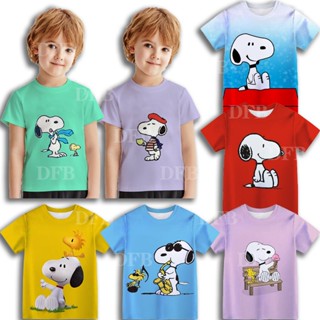 เสื้อยืดคอกลม พิมพ์ลายการ์ตูน Snoopy น่ารัก สวมใส่สบาย แฟชั่นฤดูร้อน สําหรับเด็กผู้ชาย และเด็กผู้หญิง