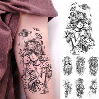 สติกเกอร์รอยสักชั่วคราว ลายการ์ตูนอนิเมะ Satan Girl Bear Spaceship Star Tatoo Arm กันน้ํา ทนทาน คุณภาพสูง สําหรับผู้หญิง และผู้ชาย