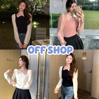 OFF SHOP พร้อมส่ง (OFF-5793) เสื้อไหมพรมแขนยาว แขนชีฟอง ดีเทลคล้องคอสายมุกน่ารัก -C