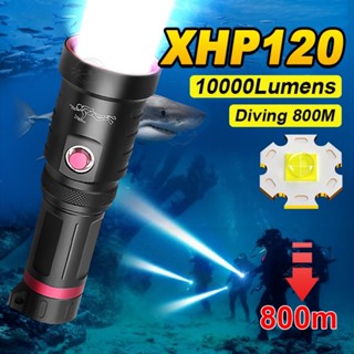 ไฟฉายดําน้ํา 10000 ลูเมนส์ 18650 800 ม. XHP120 แบบชาร์จไฟได้ สีขาว