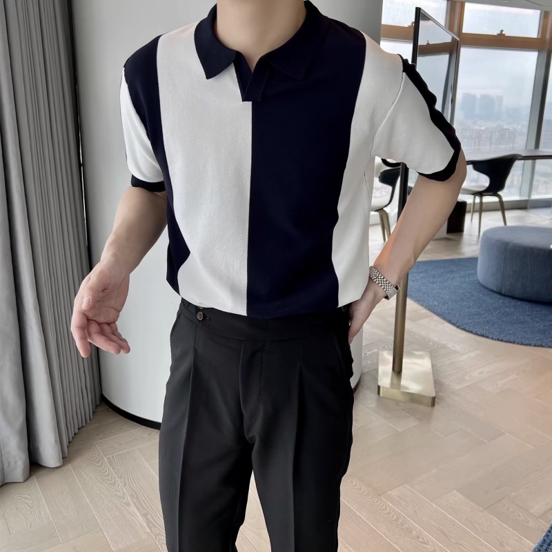 ครึ่งแขนเสื้อโปโลผู้ชายผ้าไหมน้ําแข็งถักปก Casual Stripes Contrast สี Breathable T-