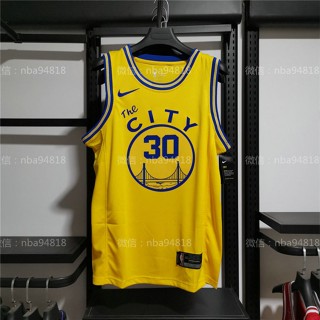 #NBA เสื้อกีฬาแขนสั้น ลายทีมนักรบ BASKETBALL สีเหลือง สีทอง ของแท้ สําหรับผู้ชาย #30 Stephen Curry Hot Pressing Retro City Edition Swin