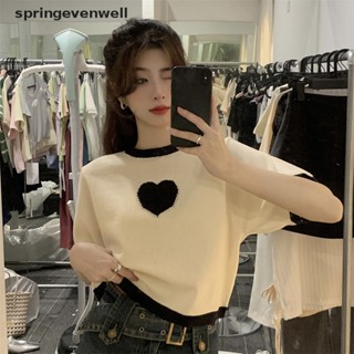 [springevenwell] ใหม่ พร้อมส่ง เสื้อครอปท็อป คอกลม แขนสั้น ผ้าถัก ทรงหลวม ลําลอง หวานแหวว แฟชั่นฤดูร้อน สําหรับผู้หญิง