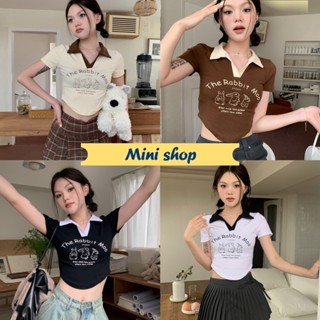 Mini shop🌸พร้อมส่ง🌸 (M1917) เสื้อไหมพรมแขนสั้นคอปก เสื้อลายกระต่ายคิ้วมาก 4สี  -C