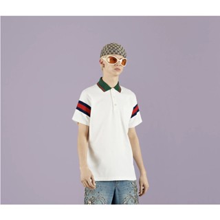 **mix** เสื้อคอโปโล Gucci Cotton jersey polo with Web ของผู้ชาย สินค้าใหม่ ของแท้