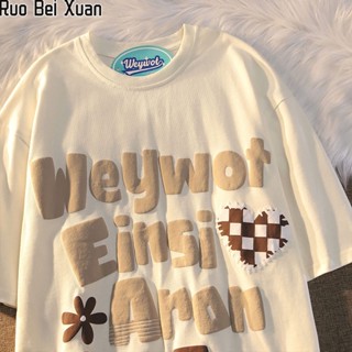 RUO BEI XUAN เสื้อยืดแขนสั้นพิมพ์ลายตัวอักษรสำหรับผู้หญิง