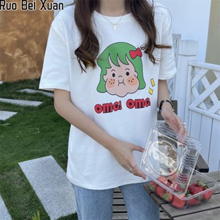 RUO BEI XUAN   สตรีแขนสั้นบล็อกสี Raglan พิมพ์หลวมแขนสั้นเสื้อยืด