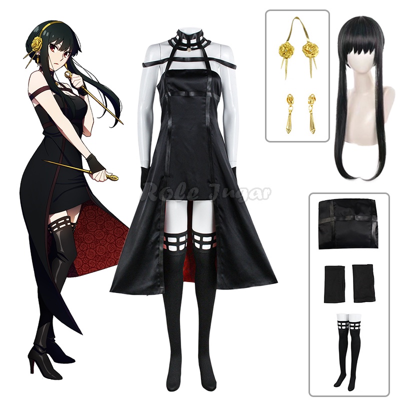 อะนิเมะ Spy X ครอบครัว Yor Forger คอสเพลย์เครื่องแต่งกายวิกผมสีดําสีแดงชุด Gothic ชุด Yor Briar ต่างหูผมยาวเสื้อผ้าผู้หญิง
